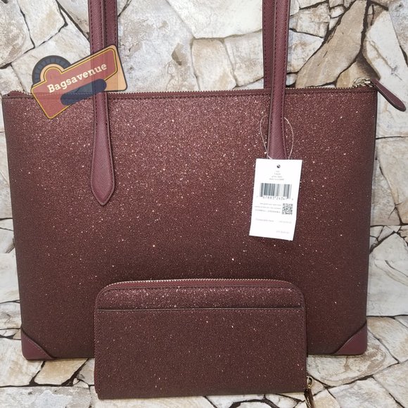 ✨ Shimmy Glitter Top Zip Tote Shoulder Bag Deep Nova Burgundy Wallet Kate spade - Picture 15 of 16